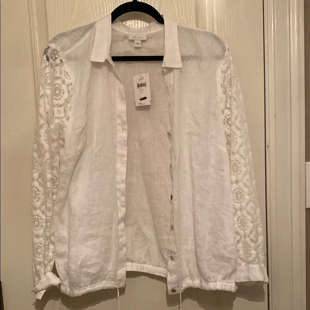 NWT J Jill 100% Linen Longsleeve Breathable Cooling White Botton Down Blouse Top